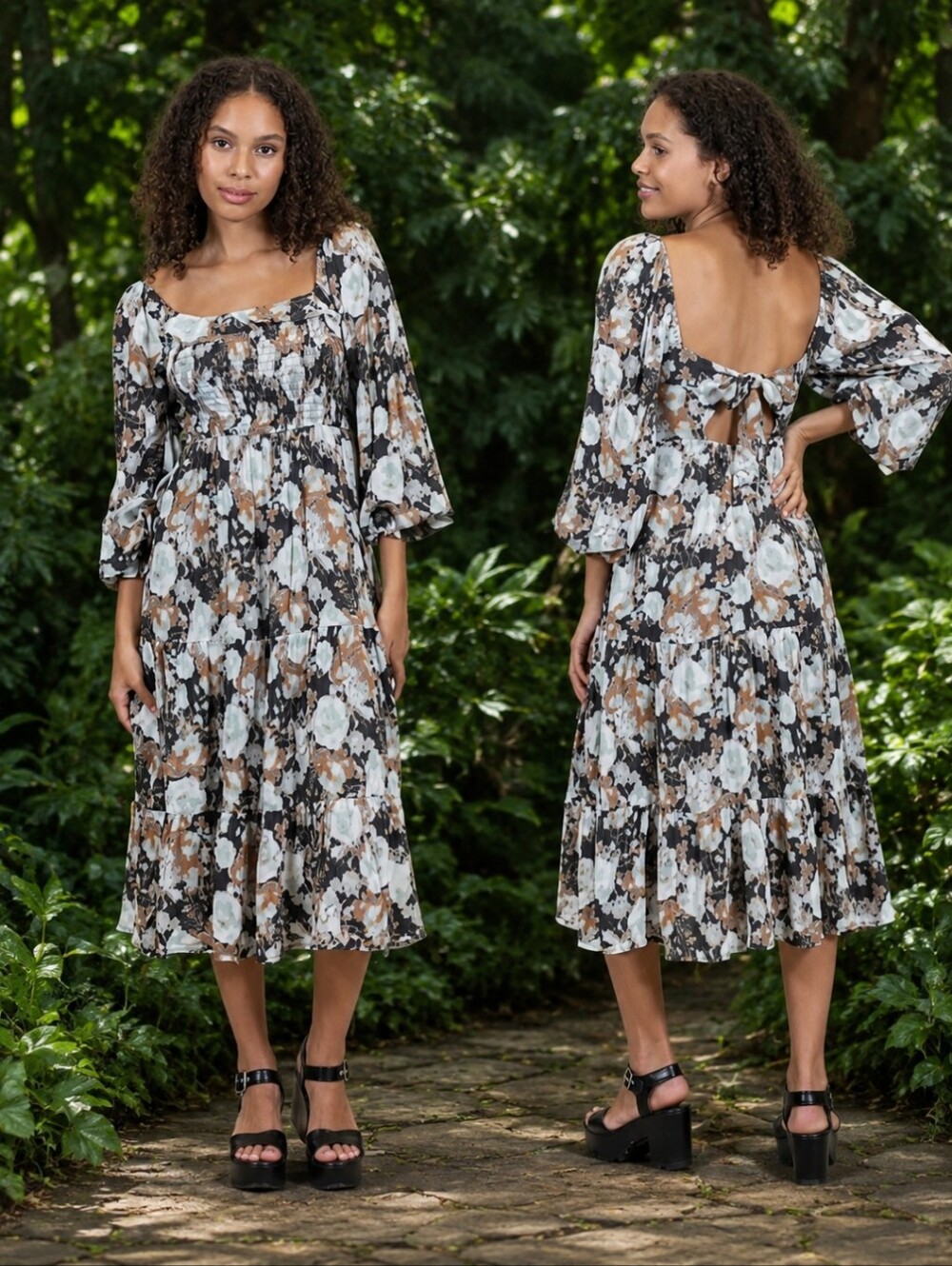 Smocked Square-Neck Midi Dress Black and Cream Floral Print Long Sleeves Sz S - Picture 12 of 12